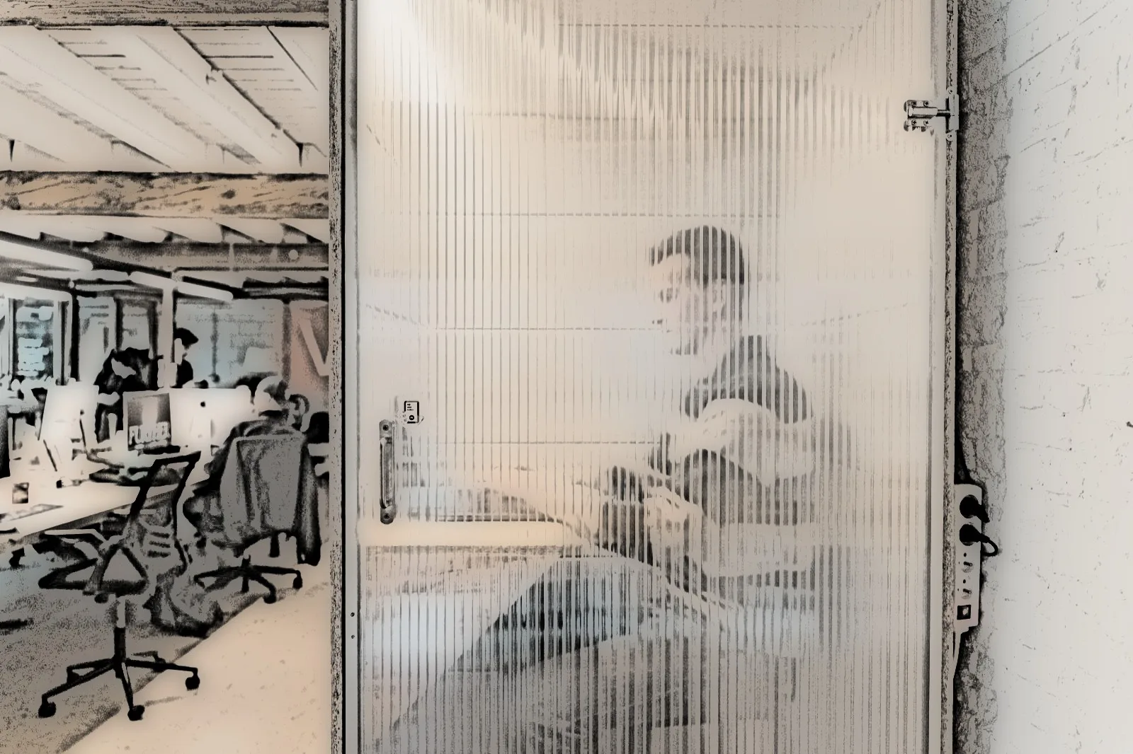 Een collega aan het werk in het belkotje op het Sevendays-kantoor, vaag zichtbaar achter een doorschijnende deur