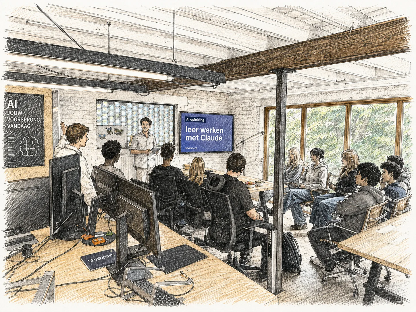 Illustration of an AI training at Sevendays: a group learning to work with Claude