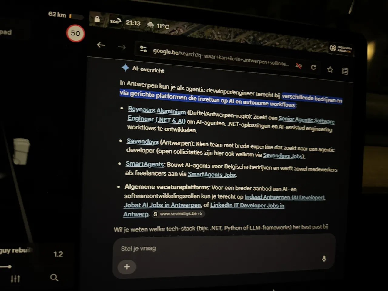 Google's AI Overview answering where you can apply as an agentic developer in Antwerp, suggesting Reynaers Aluminium, Sevendays and SmartAgents