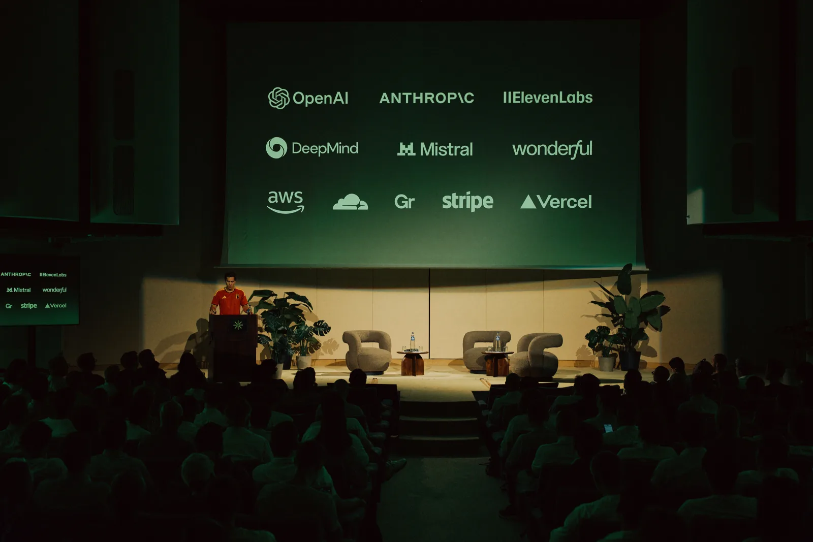 The Off the Radar stage with the logos of OpenAI, Anthropic, ElevenLabs, Google DeepMind, Mistral, wonderful, AWS, Cloudflare, Gradium, Stripe and Vercel on screen, in front of a packed room