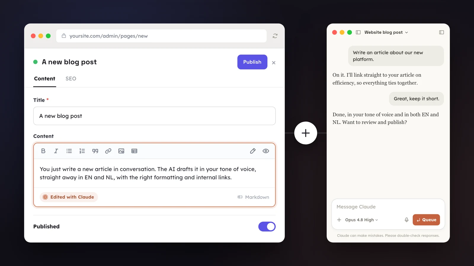 A CMS editor with an AI assistant managing the content