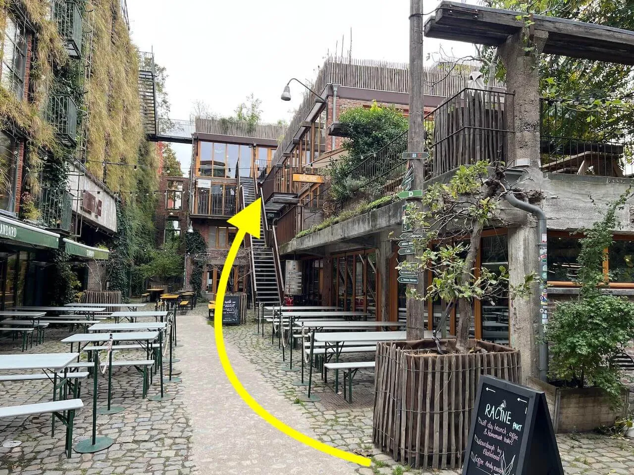 De gele pijl die naar de trappen aan de rechterkant wijst